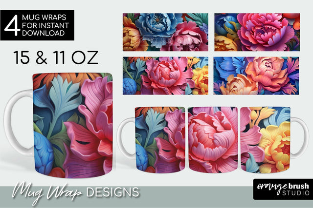 Rainbow 3D Flowers Mug Wrap 3D Mug Sublimation Bundle Sublimation OrangeBrushStudio 
