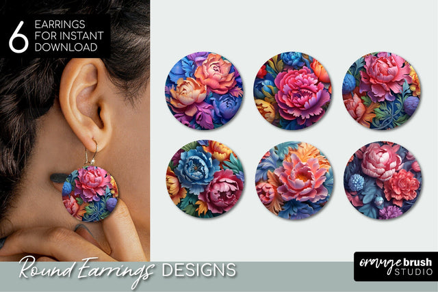 Rainbow 3D Flowers Round Earrings Sublimation Bundle Sublimation OrangeBrushStudio 