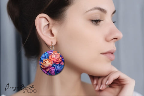 Rainbow 3D Flowers Round Earrings Sublimation Bundle Sublimation OrangeBrushStudio 