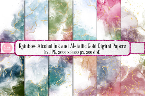 Rainbow Alcohol Ink and Metallic Gold Digital Papers Backgrounds Digital Pattern SineDigitalDesign 