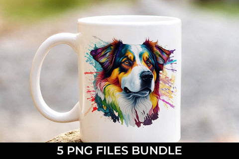 Rainbow Australian Shepherd Dog Watercolor Bundle Sublimation Sintegra 