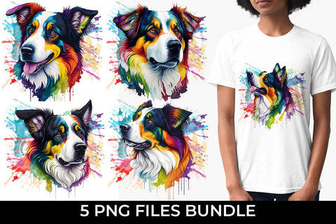 Rainbow Australian Shepherd Dog Watercolor Bundle Sublimation Sintegra 
