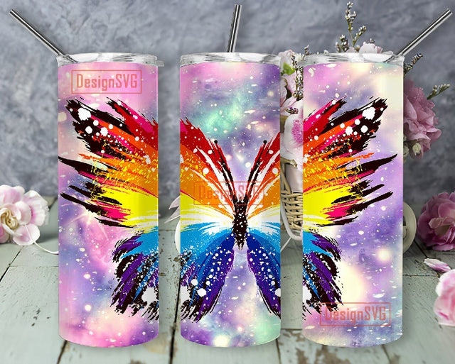 Rainbow Butterfly 20oz Tumbler Wrap PNG Sublimation Design, Rainbow Tumbler Wrap Straight/Tapered Tumbler Design PNG Sublimation DesignSVG 