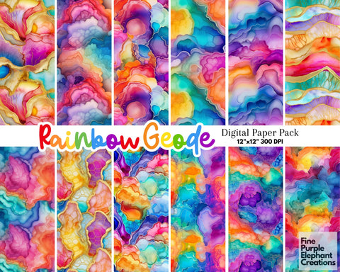 Rainbow Geode Digital Paper | Gold Glitter Agate Scrapbook Digital Pattern Fine Purple Elephant Creations 