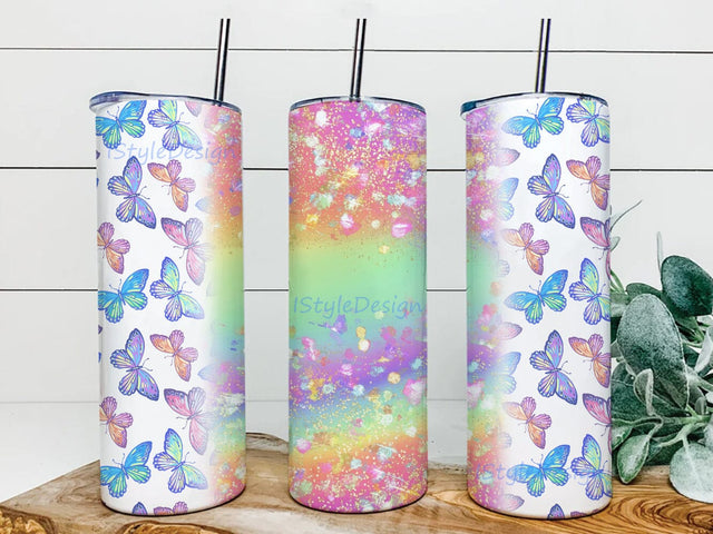 Rainbow Glitter Butterfly Tumbler Wrap, Butterfly 20oz Skinny Tumbler, Rainbow Tumbler Design, Butterfly Sublimation Design, Digital Download Sublimation iStyleDesign 