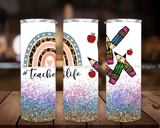Rainbow Glitter Teacher Tumbler Sublimation Design, Teacher Tumbler Designs, Teacher Tumbler Wrap, Teacher Appreciation 20oz Skinny Tumbler Wrap Png Sublimation ToriDesigns 