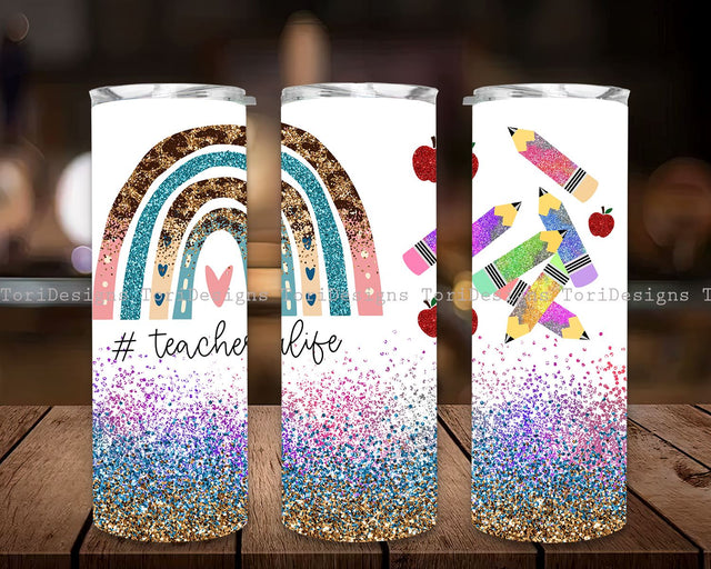 Rainbow Glitter Teacher Tumbler Sublimation Design, Teacher Tumbler Designs, Teacher Tumbler Wrap, Teacher Appreciation 20oz Skinny Tumbler Wrap Png Sublimation ToriDesigns 