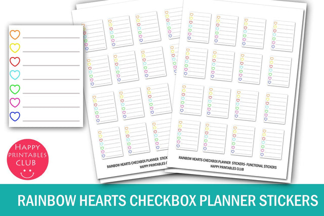 Rainbow Hearts Checkbox Planner Stickers-Valentines Stickers SVG Happy Printables Club 
