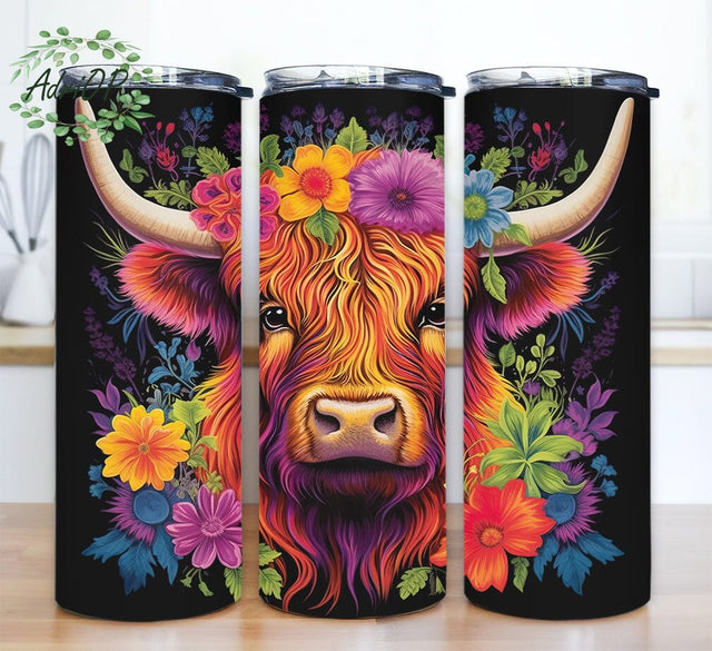 Rainbow Highland Cow 20oz Skinny Tumbler Png, Colorful Highland Cow Flowers Tumbler, Vibrant Colors Tumbler, Colorful Highland Cow Tumbler Sublimation AdriOP 