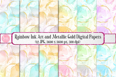 Rainbow Ink Art and Metallic Gold Background Set Digital Pattern SineDigitalDesign 