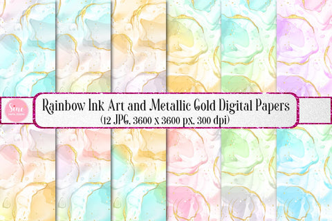 Rainbow Ink Art and Metallic Gold Background Set Digital Pattern SineDigitalDesign 