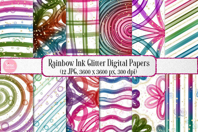 Rainbow Ink Glitter Digital Papers Backgrounds Set Digital Pattern SineDigitalDesign 
