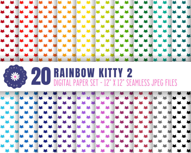 Rainbow Kitty Digital Paper Set 2 - Cat Patterned Paper Set Sublimation Digital Clipart Deals 