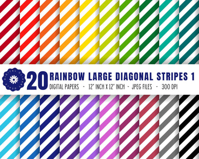 Rainbow Large Diagonal Stripes Digital Paper Set 1 - Diagonal Stripes Patterned Paper Digital Pattern Digital Clipart Deals 