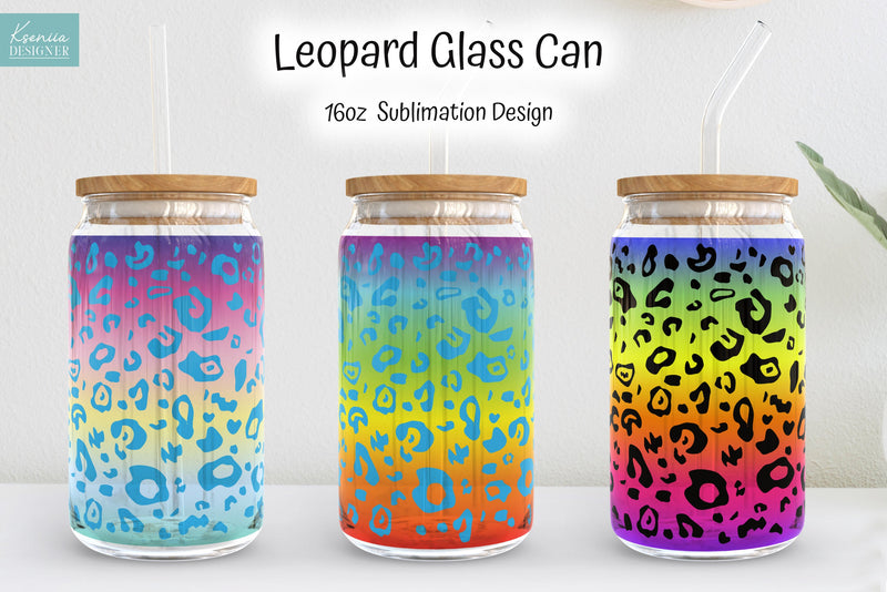 Rainbow Leopard 16 Oz Glass Can Wrap Sublimation Sublimation Kseniia designer 