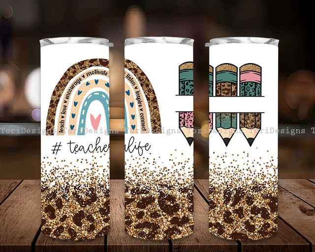 Rainbow Leopard Glitter Teacher Tumbler Pencil, Teacher Tumbler Designs, Teacher Tumbler Wrap, Teacher Appreciation 20oz Skinny Tumbler Wrap Png Sublimation ToriDesigns 
