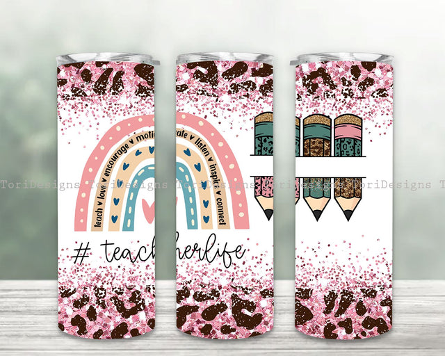 Rainbow Leopard Glitter Teacher Tumbler, Rainbow Leopard Glitter Teacher Tumbler, Teach Love Inspire, 20 oz Skinny, Sublimation Design, Cheetah Print, PNG Download File Sublimation ToriDesigns 