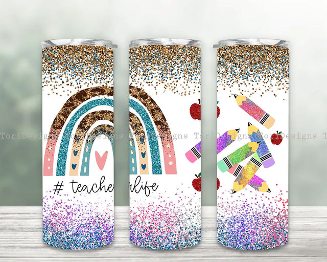 Rainbow Leopard Glitter Teacher Tumbler, Rainbow Leopard Glitter Teacher Tumbler, Teach Love Inspire, 20 oz Skinny, Sublimation Design, Cheetah Print, PNG Download File Sublimation ToriDesigns 