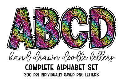 Rainbow Leopard Neon Doodle Letters Alphabet Set Sublimation BijouBay 