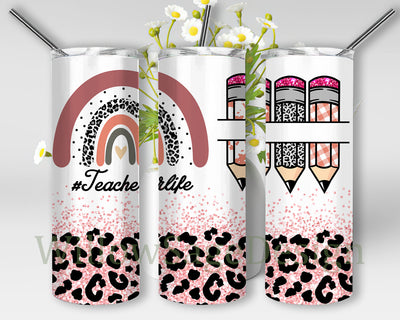 Rainbow Leopard Teacher Life 20oz Skinny Tumbler, Teacher Pencil Tumbler Png, Teacher Leopard Glitter Tumbler Wrap, Teacher Sublimation Design, Instant Download Sublimation WillowSageDesign 