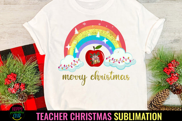 Rainbow Merry Christmas Sublimation I Teacher Christmas PNG Sublimation Happy Printables Club 
