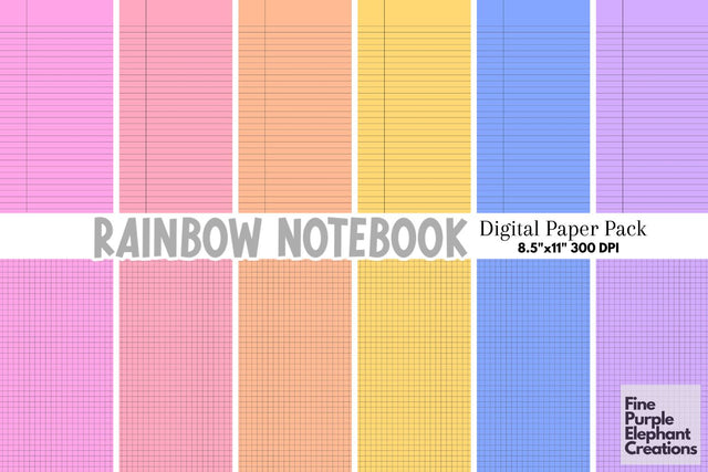 Rainbow Notebook Paper | Writing Sheets Digital Pattern Fine Purple Elephant Creations 