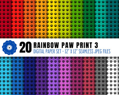 Rainbow Paw Print Digital Patterned Paper | Animal Paw Print Paper Set 3 Sublimation Digital Clipart Deals 