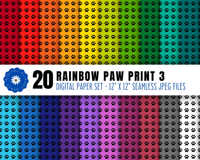 Rainbow Paw Print Digital Patterned Paper | Animal Paw Print Paper Set 3 Sublimation Digital Clipart Deals 