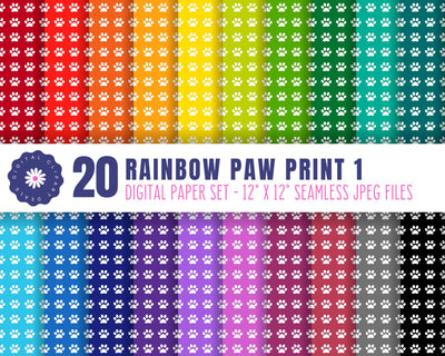 Rainbow Paw Print Digital Patterned Paper Set 1 | Animal Paw Print Paper Set Sublimation Digital Clipart Deals 