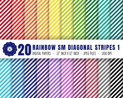 Rainbow Small Diagonal Stripes Digital Paper Set 1 - Diagonal Stripes Patterned Paper Digital Pattern Digital Clipart Deals 
