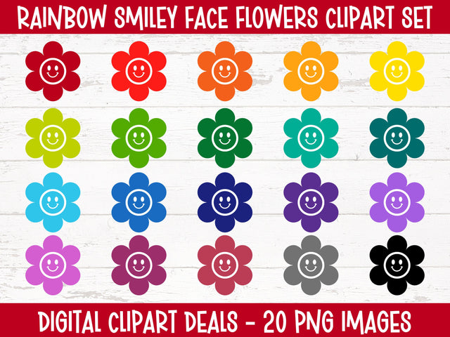 Rainbow Smiley Face Clipart Set - 20 Colorful Flower Elements - Digital DIY Craft Supplies Sublimation Digital Clipart Deals 