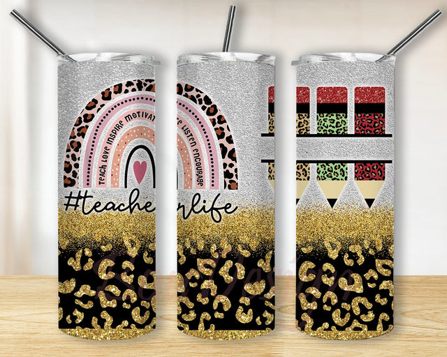 Rainbow Teacher 20oz Design Png, Teacher Life Tumbler Design, Leopard Gold Glitter Tumbler Wrap, Leopard Pencil Tumbler Png, Teacher Tumbler With Lid And Straw, Digital Download Sublimation BouDesign 