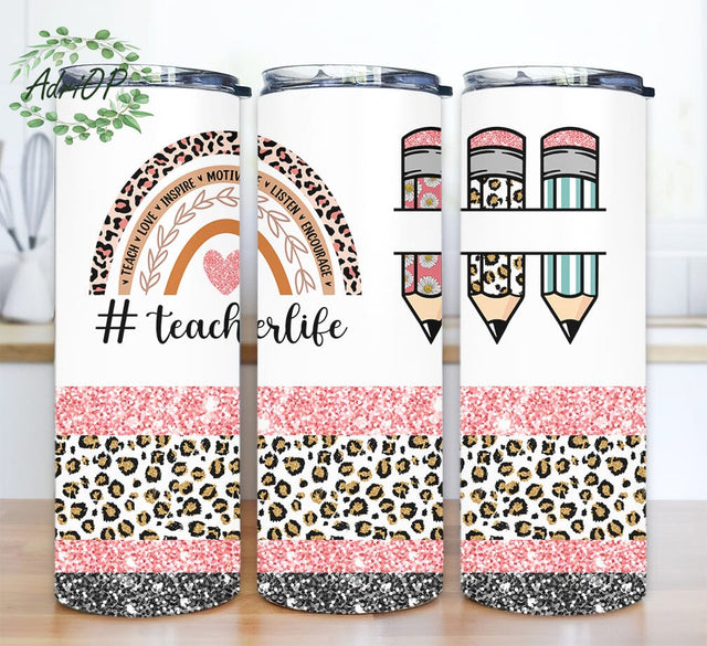 Rainbow Teacher Life 20oz Skinny Tumbler Png, Back To School Teacher, Teacher Appreciation Gift, Glitter Leopard Teacher Tumbler, Leoaprd Pencil Tumbler Sublimation AdriOP 