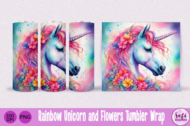 Rainbow Unicorn and Flowers Sublimation Tumbler Wrap 2 Sublimation Safi Design 