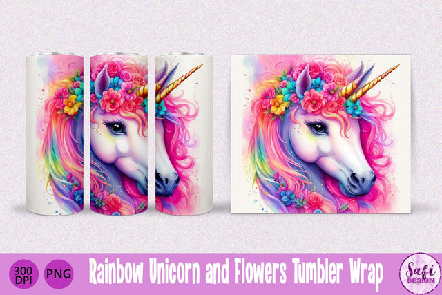 Rainbow Unicorn and Flowers Sublimation Tumbler Wrap 3 Sublimation Safi Design 