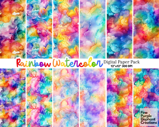 Rainbow Watercolor Digital Paper | Paint Stroke Texture Printable Paper Digital Pattern Fine Purple Elephant Creations 