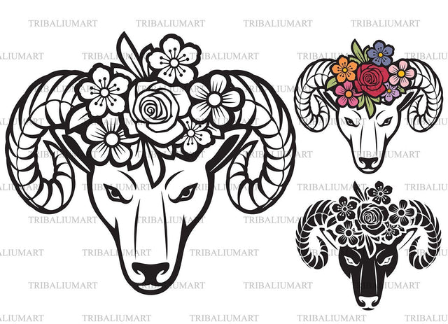 Ram head with flowers (floral design) SVG TribaliumArtSF 