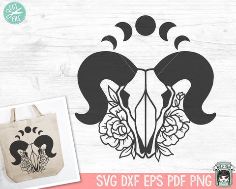 Ram Skull Flowers SVG, Ram Skull Floral SVG, Moon Phases svg, Crescent Moon svg, Just A Phase svg, Southwest svg, Mystical svg, Boho svg SVG Wild Pilot 