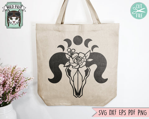 Ram Skull Flowers SVG, Ram Skull Floral SVG, Moon Phases svg, Crescent Moon svg, Just A Phase svg, Southwest svg, Mystical svg, Boho svg SVG Wild Pilot 
