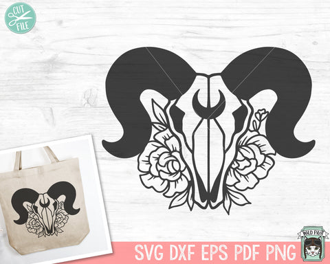 Ram Skull Flowers SVG, Ram Skull Floral SVG, Mystical SVG, Crescent Moon SVG, Ram Skull PNG, Ram Skull Clipart, Southwest svg, Boho svg, Longhorn svg, Bohemian svg, Tribal svg SVG Wild Pilot 