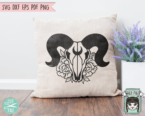 Ram Skull Flowers SVG, Ram Skull Floral SVG, Mystical SVG, Crescent Moon SVG, Ram Skull PNG, Ram Skull Clipart, Southwest svg, Boho svg, Longhorn svg, Bohemian svg, Tribal svg SVG Wild Pilot 