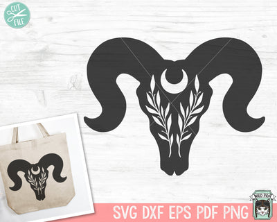 Ram Skull Leaves SVG, Animal Skull SVG, Ram Skull PNG, Crescent Moon svg, Ram Skull Clipart, Southwest svg, Mystical svg, Boho svg SVG Wild Pilot 
