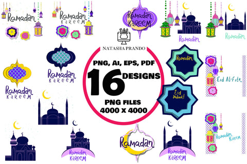 Ramadan Kareem 16 PNG designs PDF Ai EPS format bundle Sublimation Natasha Prando 