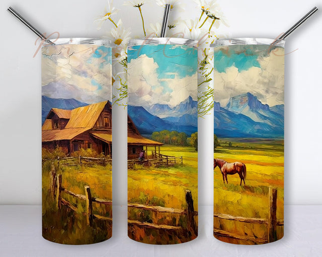 Ranch With Horses 20oz Skinny Tumbler Png, A Big Log Cabin And Stable Png, 3D Watercolor Horse Farm Tumbler, Western Ranch Horses Tumbler Png Sublimation PixelChick 