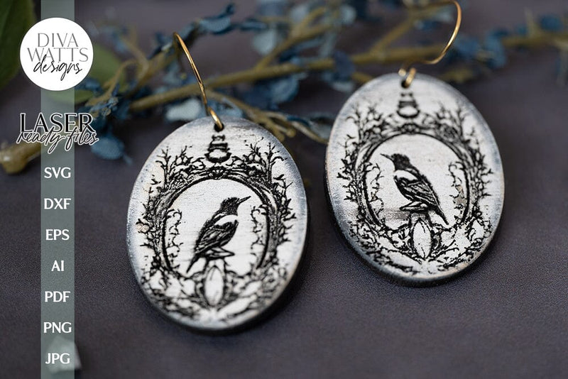 Raven In Frame Earrings SVG For Laser Glowforge Halloween Earrings With Raven Black Raven Earrings Laser Jewelry for Halloween SVG Diva Watts Designs 