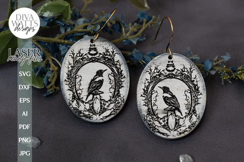 Raven In Frame Earrings SVG For Laser Glowforge Halloween Earrings With Raven Black Raven Earrings Laser Jewelry for Halloween SVG Diva Watts Designs 