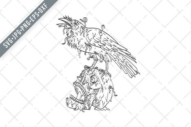 Raven Perching on Top of Human Skull Dripping with Earthworm or Borrowing Worm Line Art Drawing SVG Patrimonio Designs Limited 