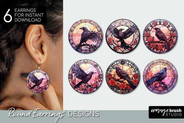 Raven Stained Glass Halloween Round Earrings Bundle Sublimation OrangeBrushStudio 