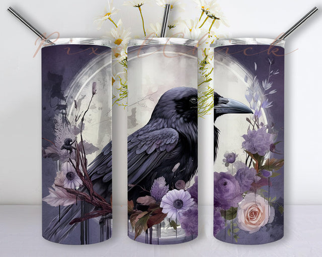 Raven Watercolor 20oz Skinny Tumbler Png, Edgar Allen Poe, Black Bird Tumbler, Floral Raven Sublimation Design, Instant Digital Download Png Sublimation PixelChick 