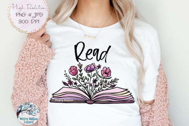 Read Book with Flowers Sublimation PNG Sublimation Wispy Willow Designs 